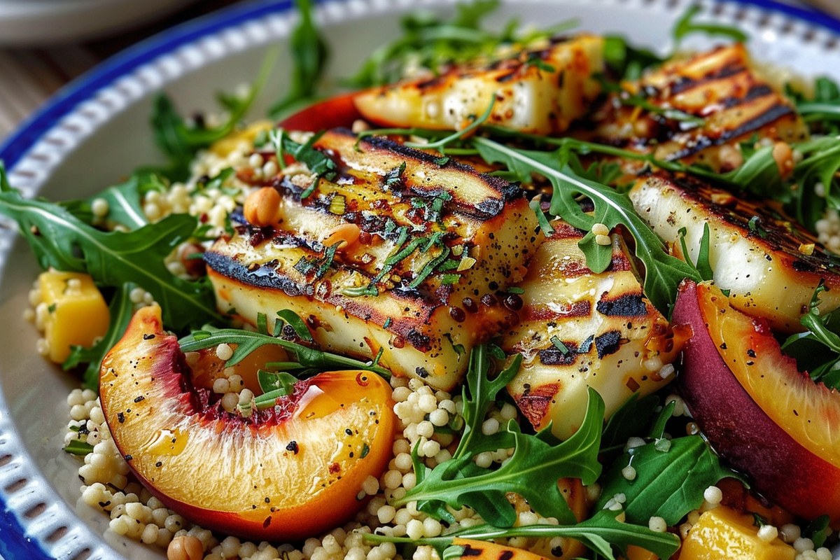 Grilled Peach & Halloumi Couscous with Arugula
