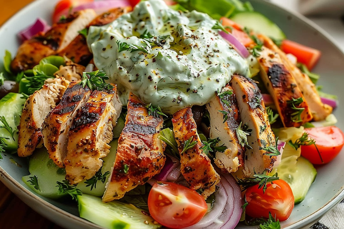 Greek Grilled Chicken Salad with Fresh Tzatziki