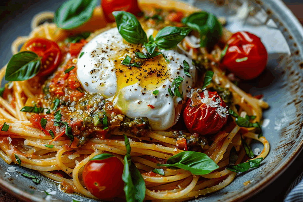 Roasted Tomato Burrata & Basil Pesto Pasta