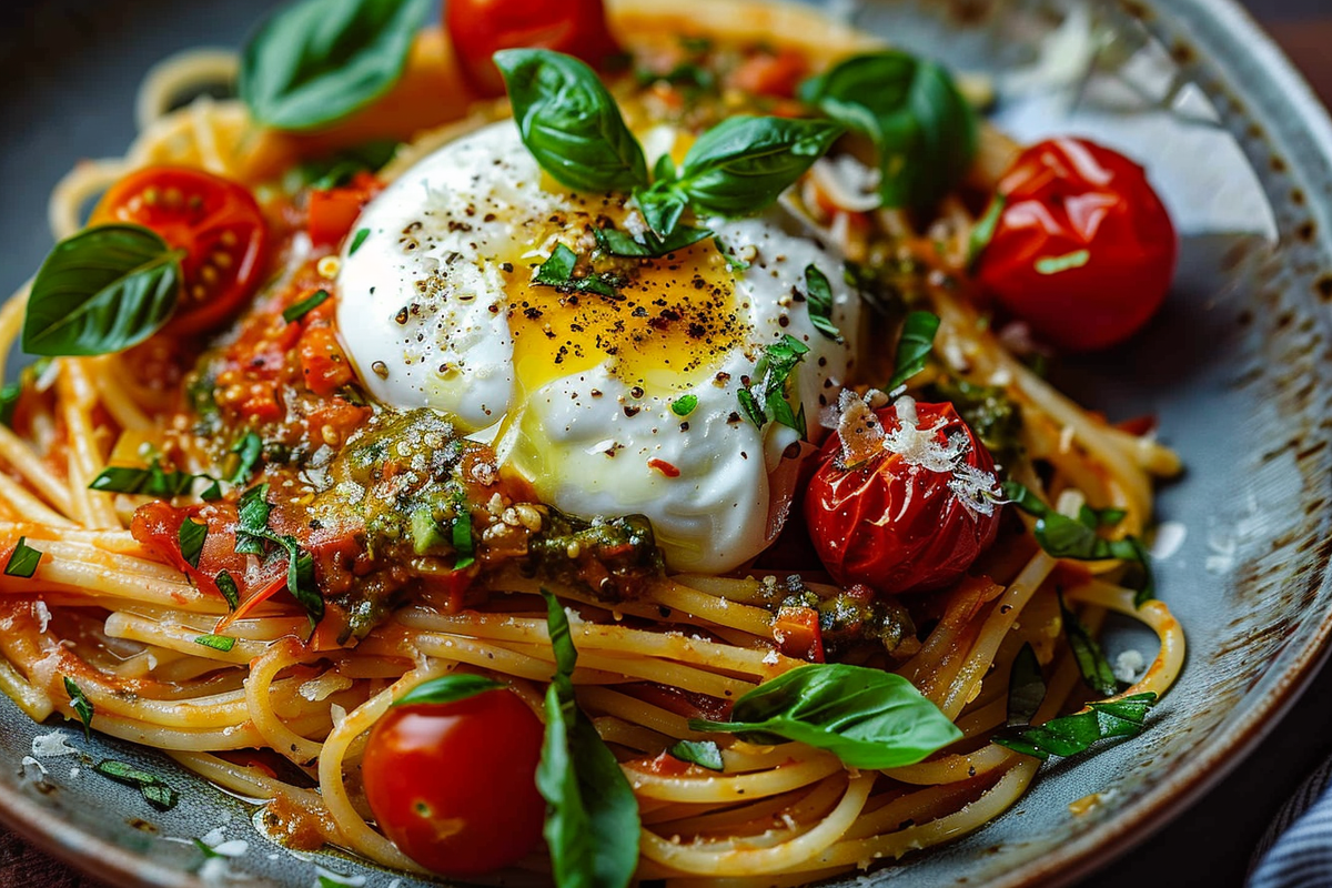 Roasted Tomato Burrata & Basil Pesto Pasta