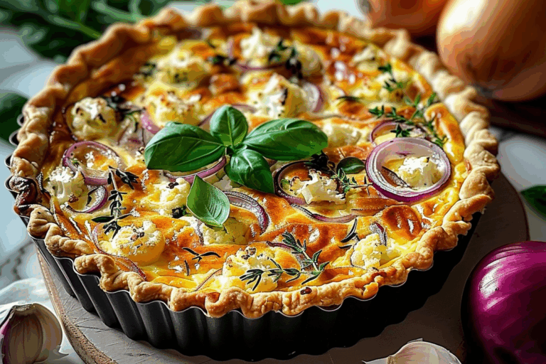 Savory Cauliflower and Red Onion Quiche with Basil and Rosemary
