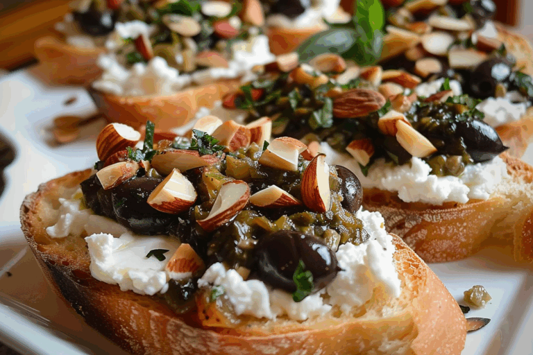 Olive Goat Cheese Tapenade Crostini with Almonds