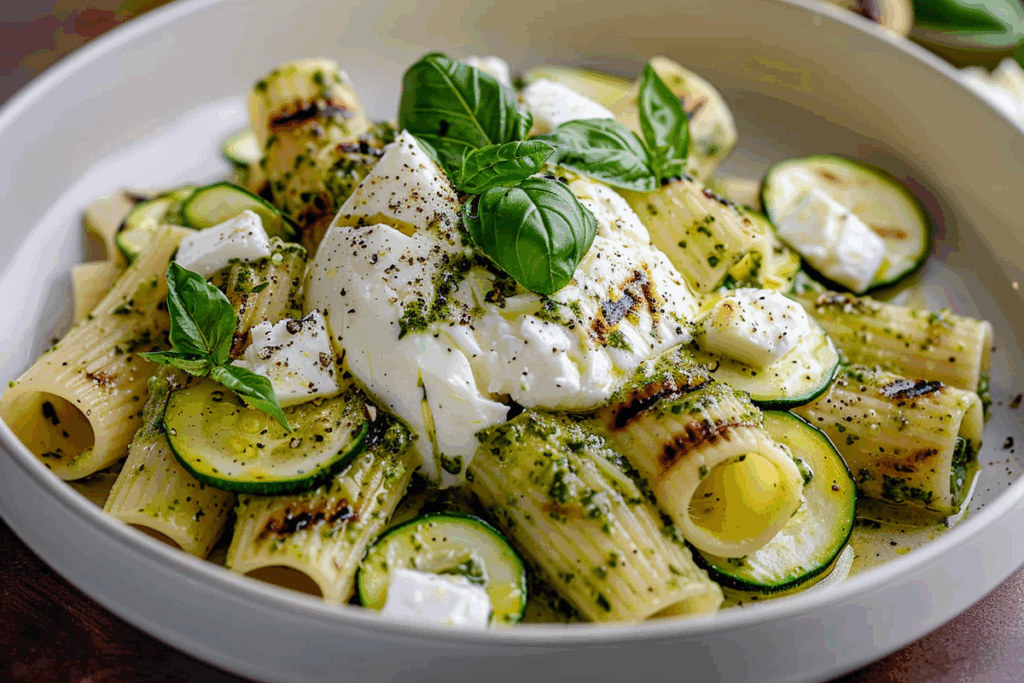 Lemon Pesto Rigatoni with Burrata & Grilled Zucchini Ribbons