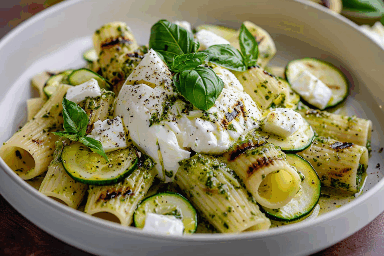 Lemon Pesto Rigatoni with Burrata & Grilled Zucchini Ribbons