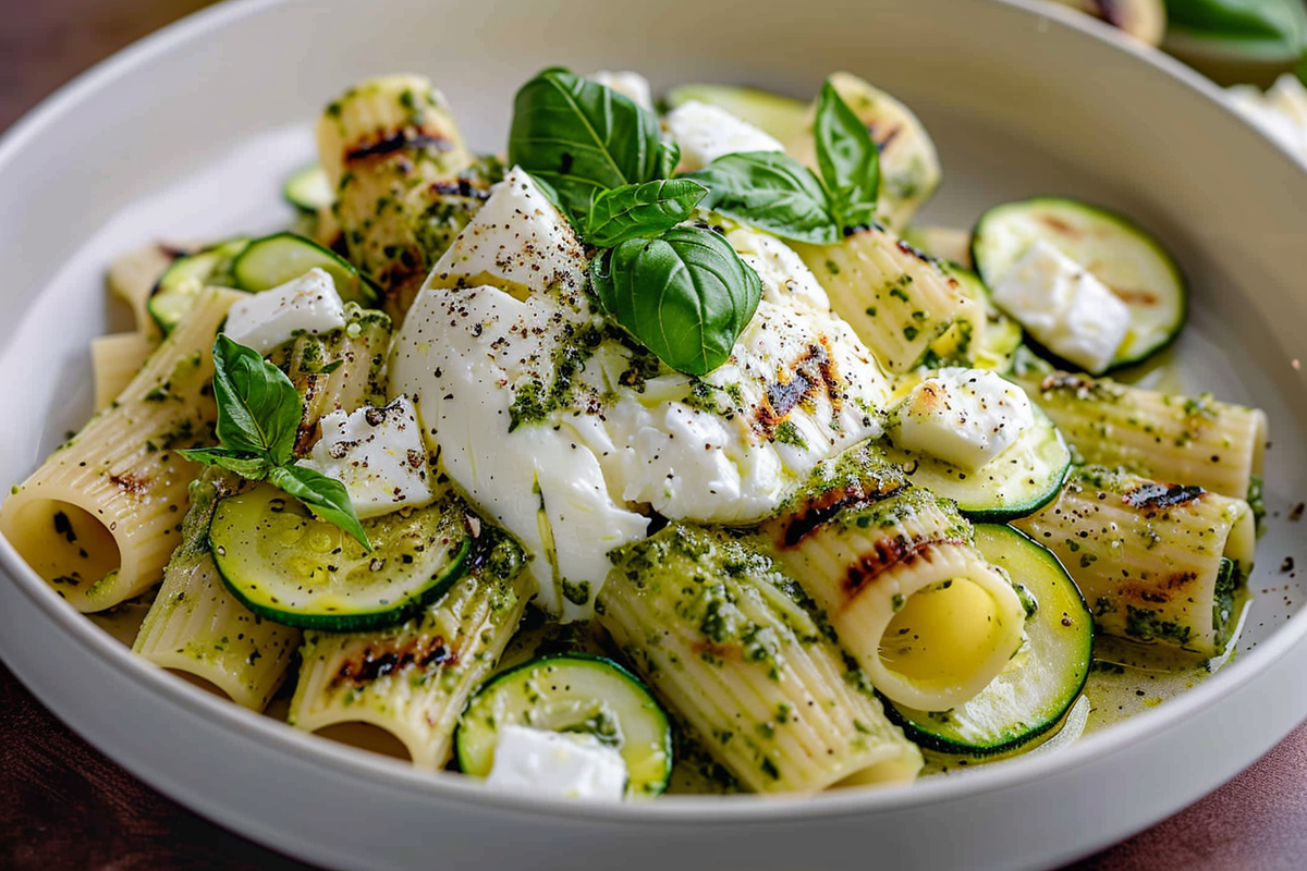 Lemon Pesto Rigatoni with Burrata & Grilled Zucchini Ribbons