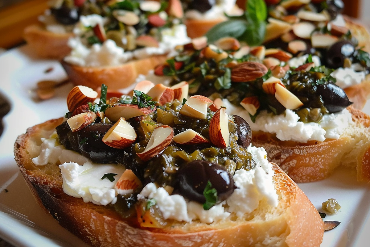 Olive Goat Cheese Tapenade Crostini with Almonds