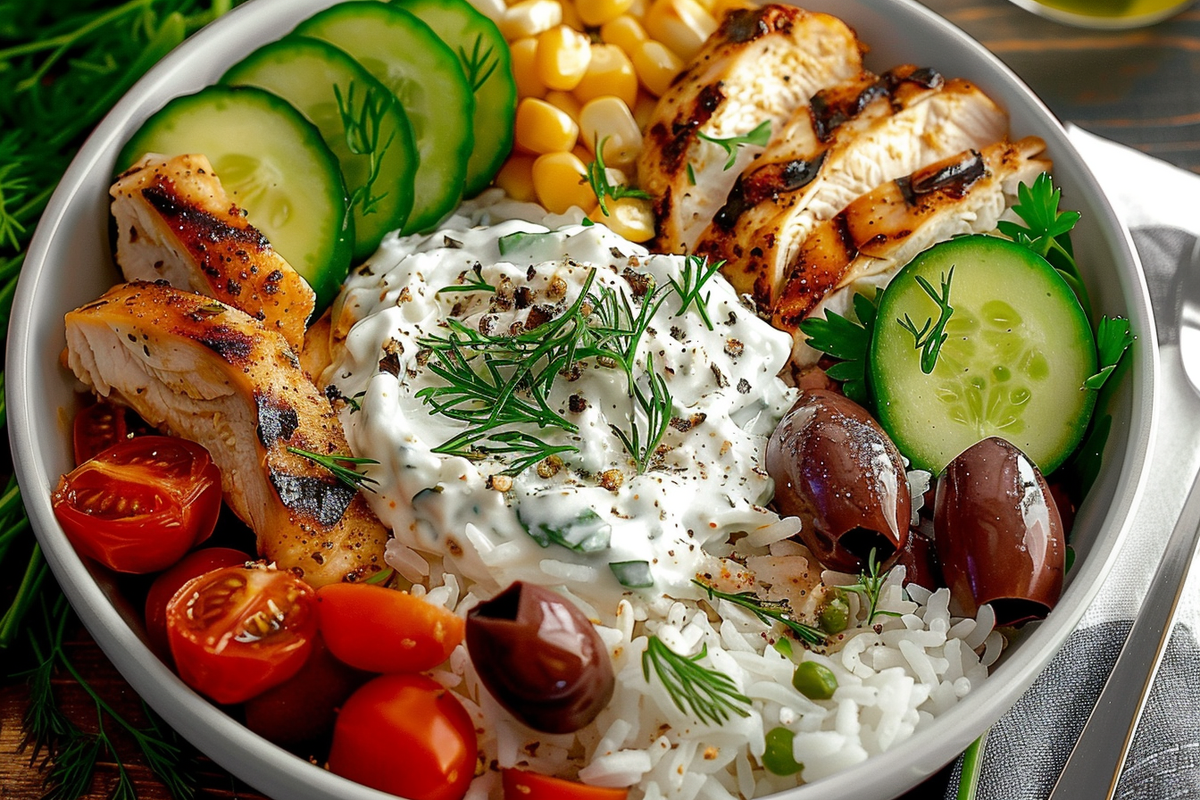 Greek Chicken Rice Bowl with Tzatziki and Fresh Veggies