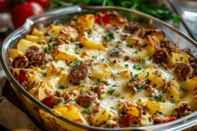 Smoky Cheesy Potato Sausage Bake
