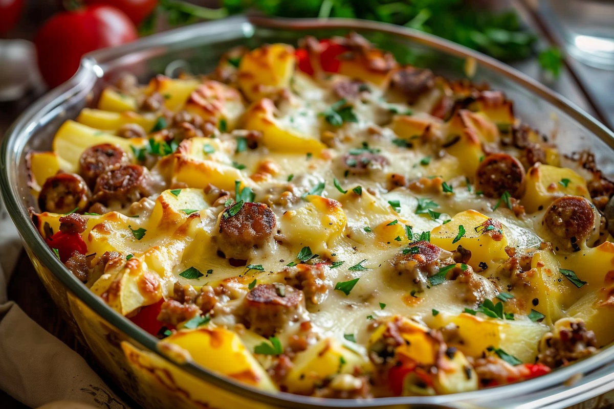 Smoky Cheesy Potato Sausage Bake