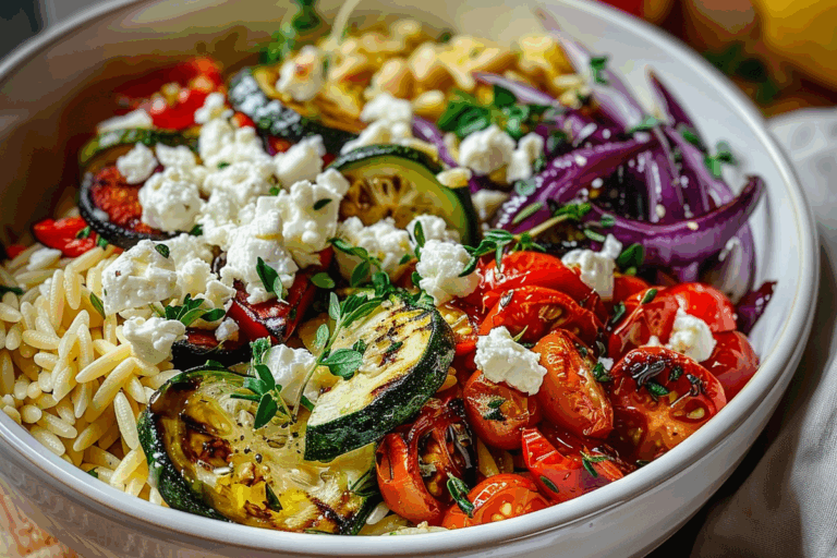 Lemon Orzo Bowl with Feta Roasted Veggies & Honey Dressing