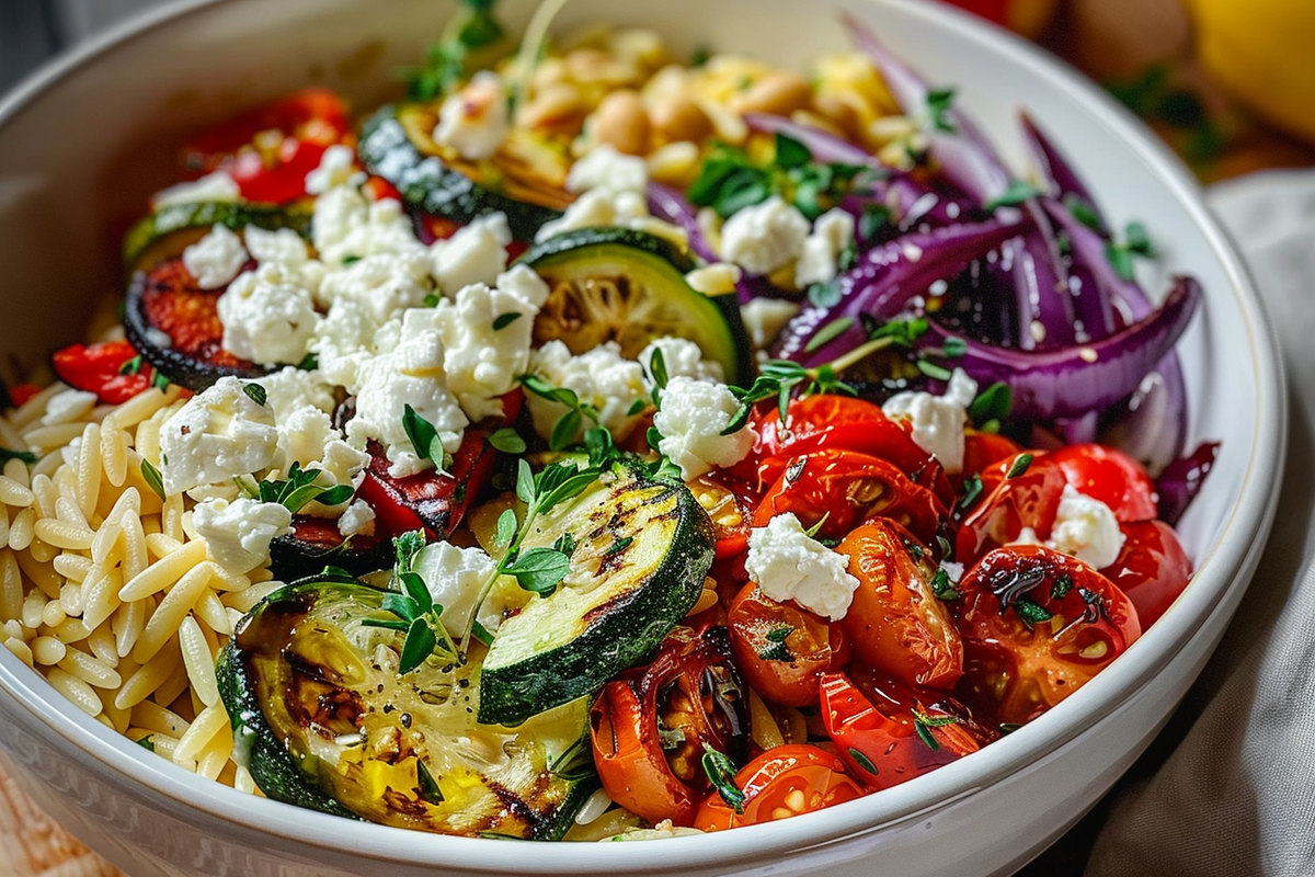 Lemon Orzo Bowl with Feta Roasted Veggies & Honey Dressing