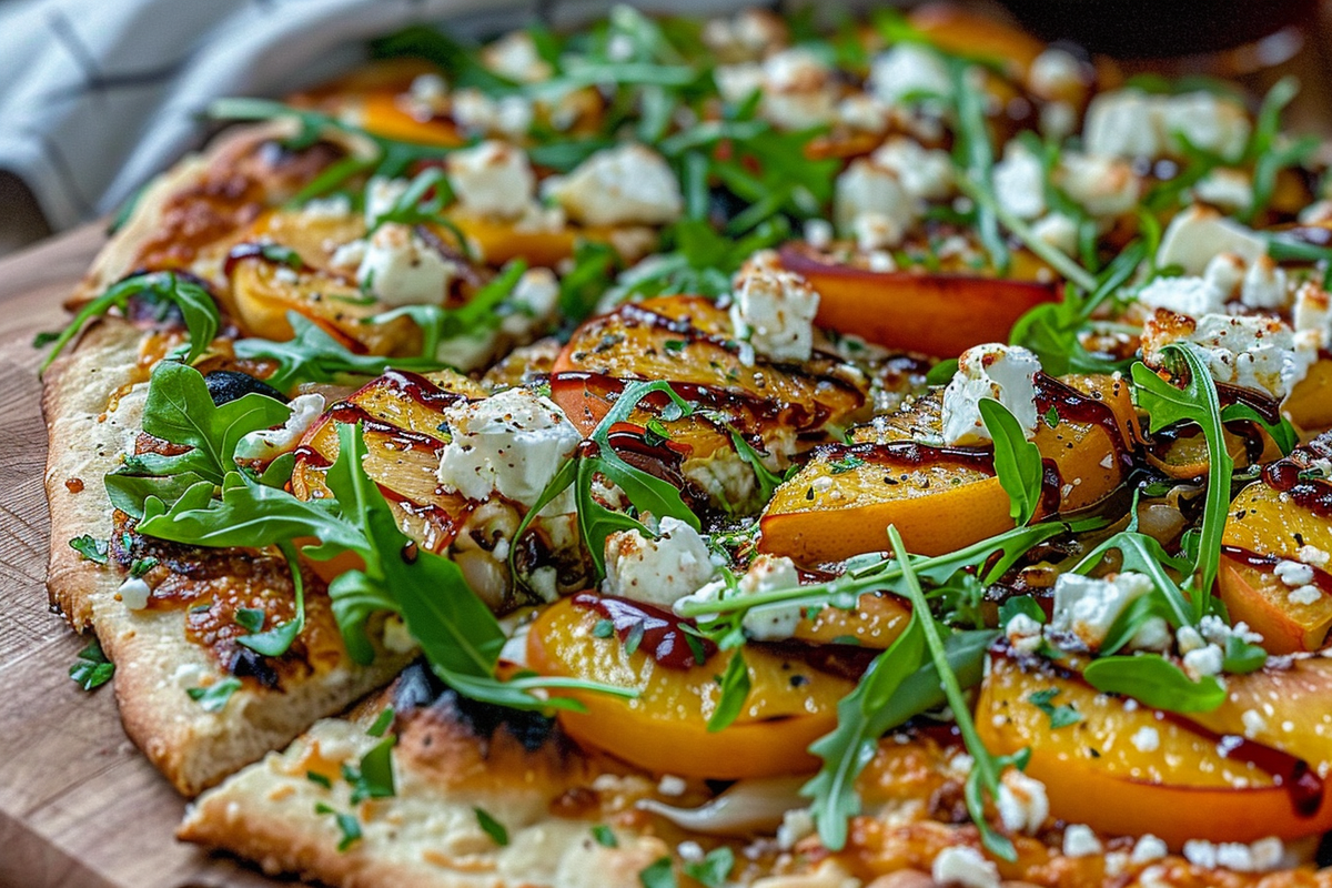 Roasted Peach and Arugula Flatbread with Feta and Mint