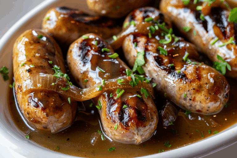 Grilled Bratwurst Bites with Beer & Onion Gravy
