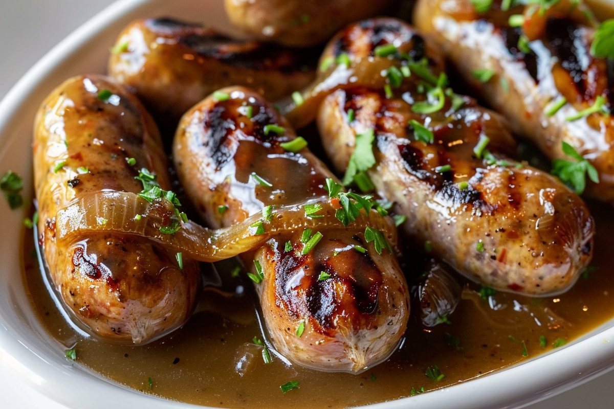 Grilled Bratwurst Bites with Beer & Onion Gravy