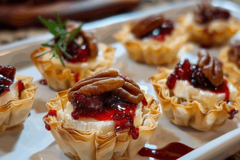 Mini Phyllo Cups with Brie Pecans & Cranberry Drizzle