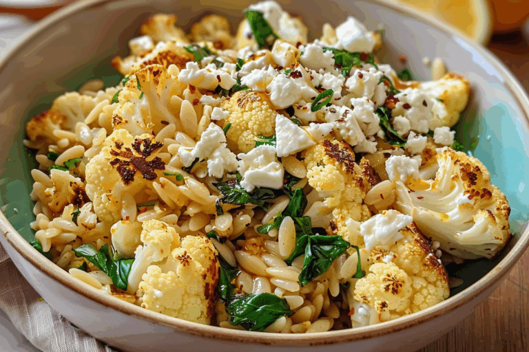 Roasted Cauliflower Orzo Bowl with Honey Lemon Feta
