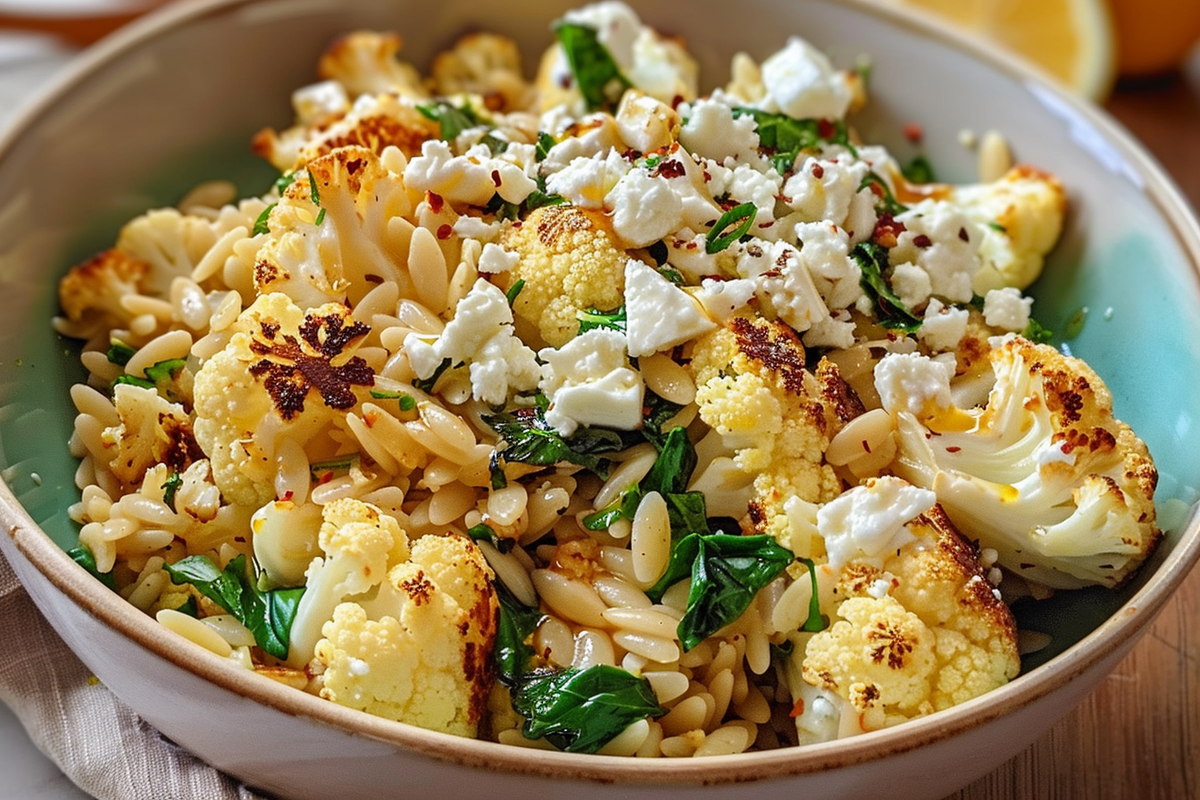 Roasted Cauliflower Orzo Bowl with Honey Lemon Feta
