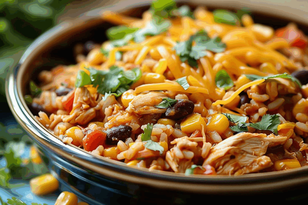 Crockpot Cheesy Taco Chicken & Rice