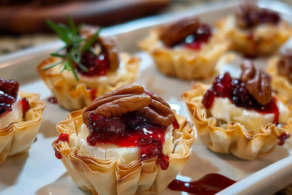 Mini Phyllo Cups with Brie Pecans & Cranberry Drizzle