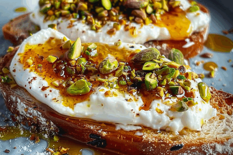 Burrata Toast with Pistachios and Hot Honey