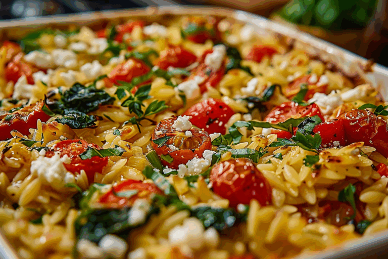Baked Orzo Casserole with Roasted Peppers Spinach & Feta