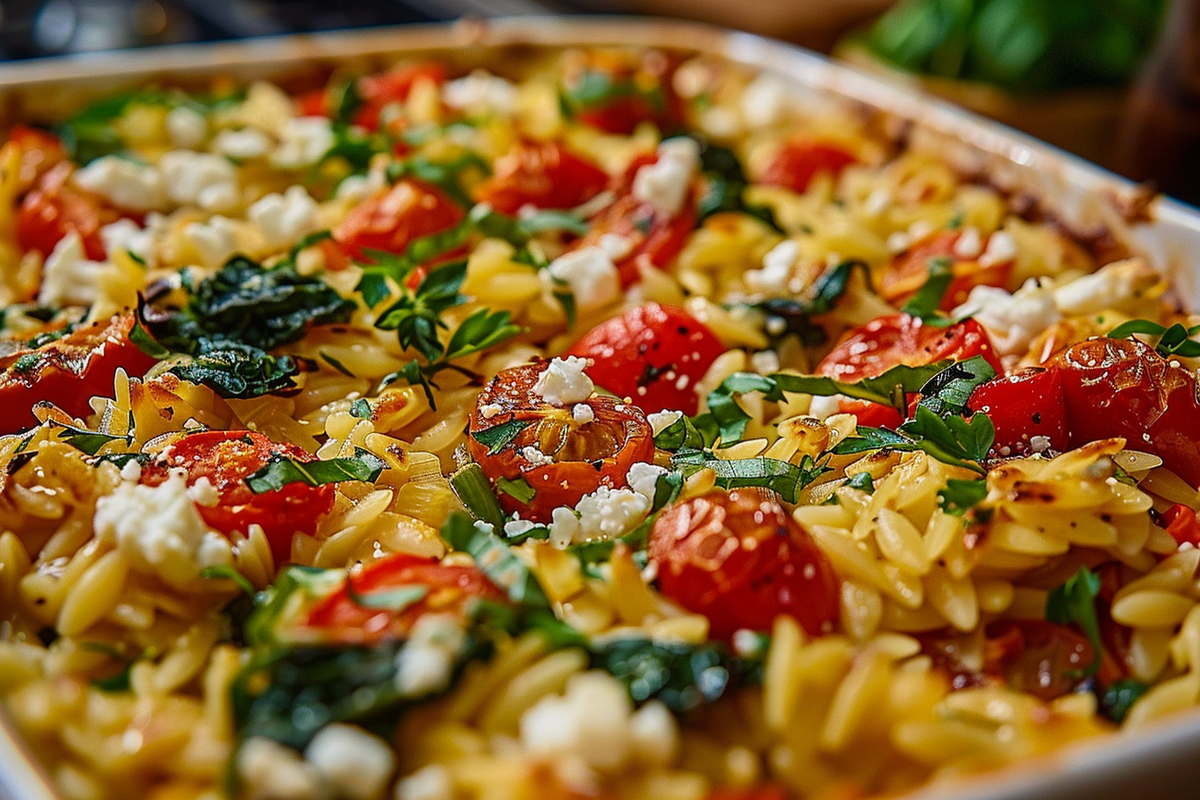 Baked Orzo Casserole with Roasted Peppers Spinach & Feta