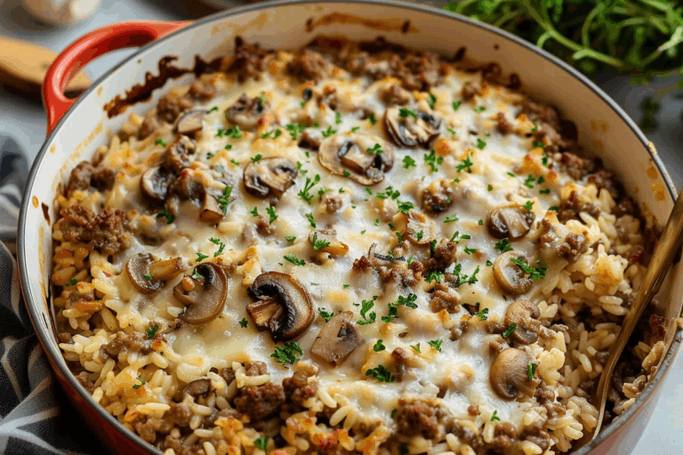 Ground Beef And Mushroom Rice Casserole