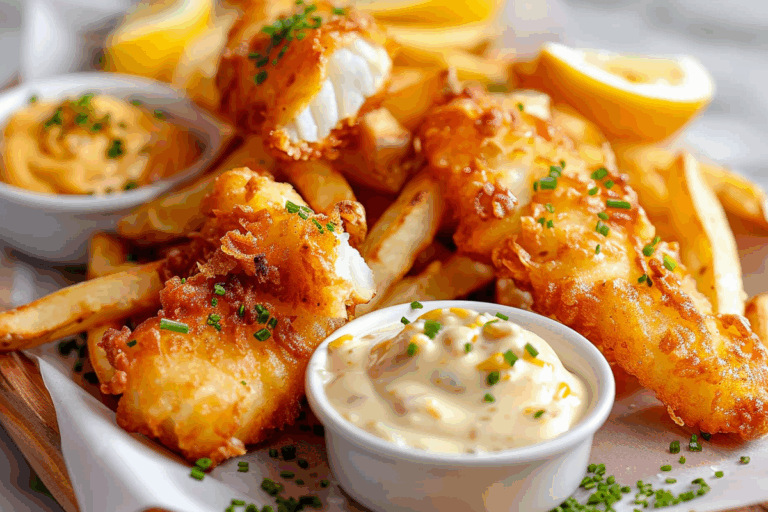 Crispy Beer-Battered Fish Sticks with Cajun Remoulade & Cheesy French Fries