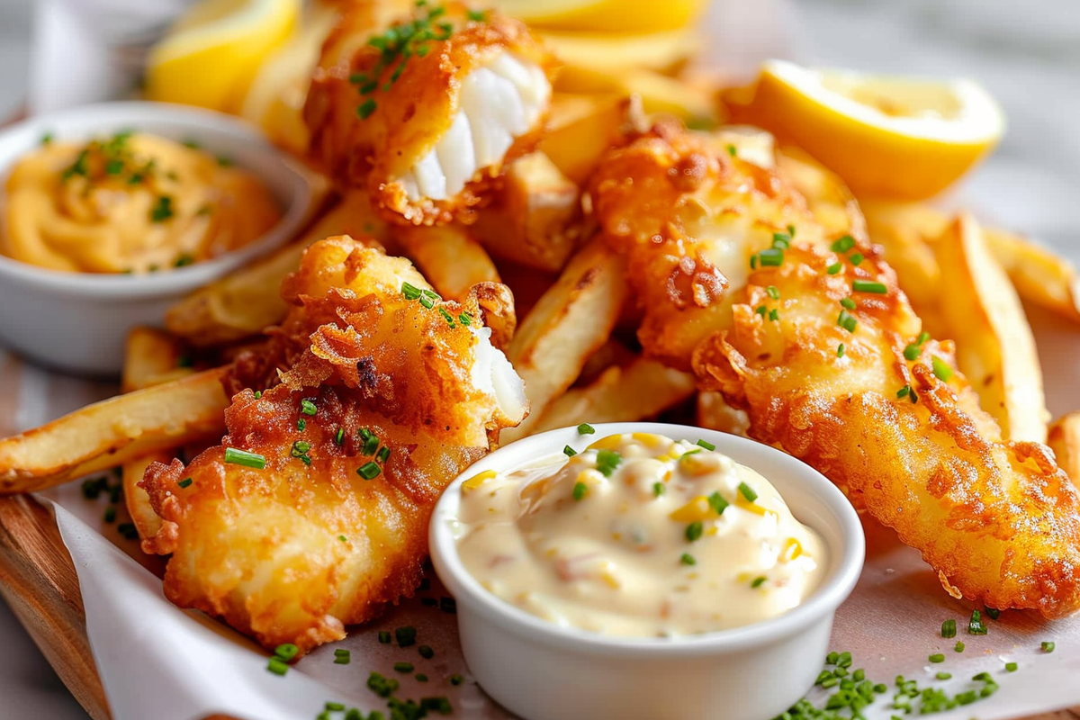 Crispy Beer-Battered Fish Sticks with Cajun Remoulade & Cheesy French Fries