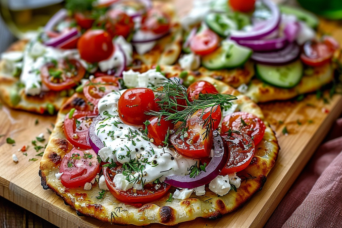 Fresh Greek Salad Flatbreads with Tzatziki Swirl