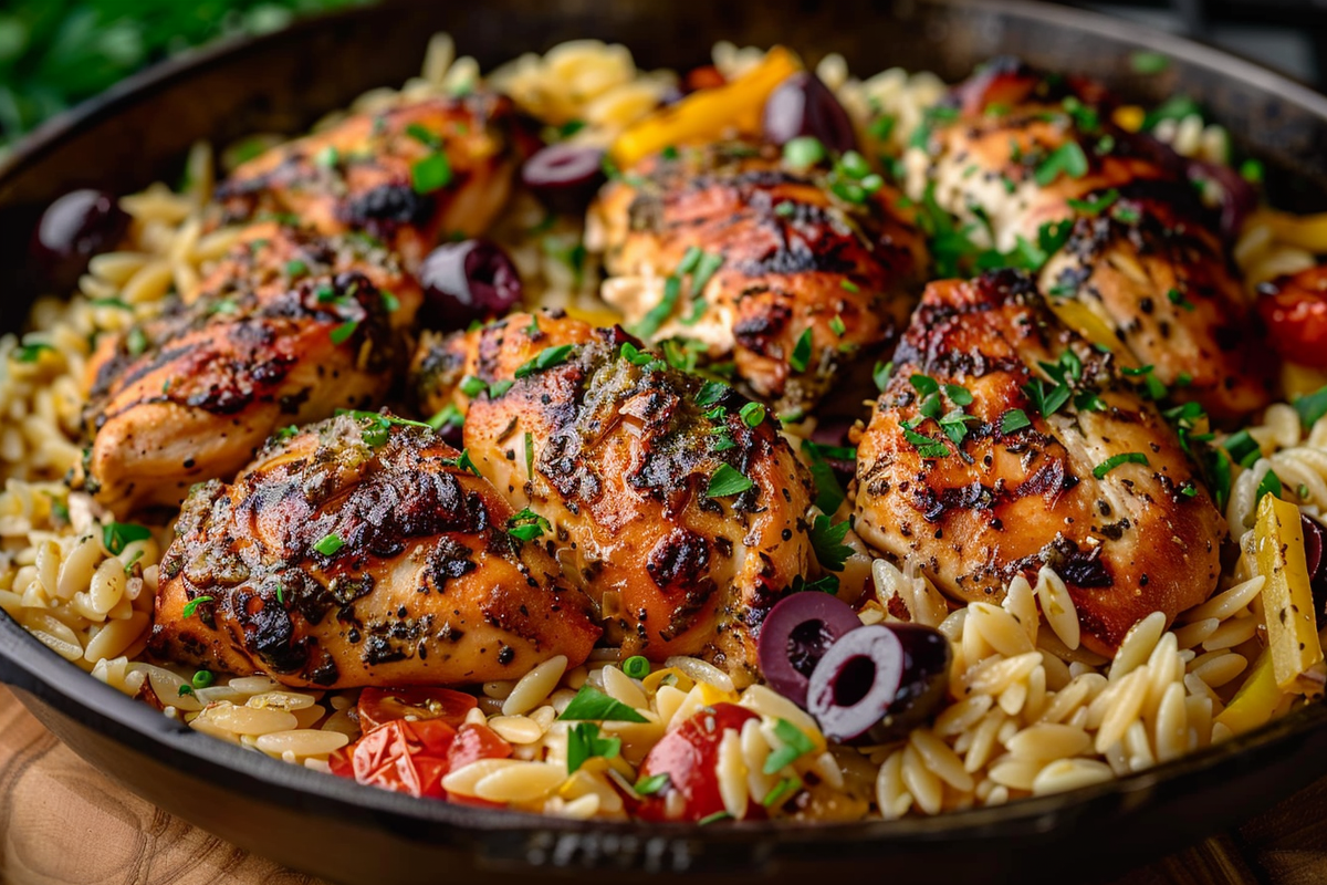 Lemon Herb Chicken and Mediterranean Orzo with Olives