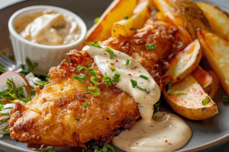 Crispy Beer-Battered Fish with Smoky Chipotle Cream & Potato Wedges