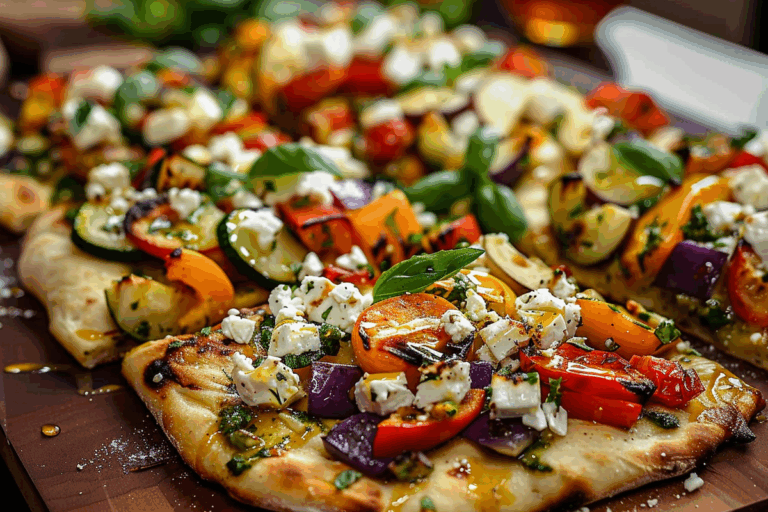 Flatbread with Feta Roasted Veggies and Honey Dressing
