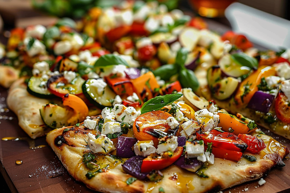 Flatbread with Feta Roasted Veggies and Honey Dressing