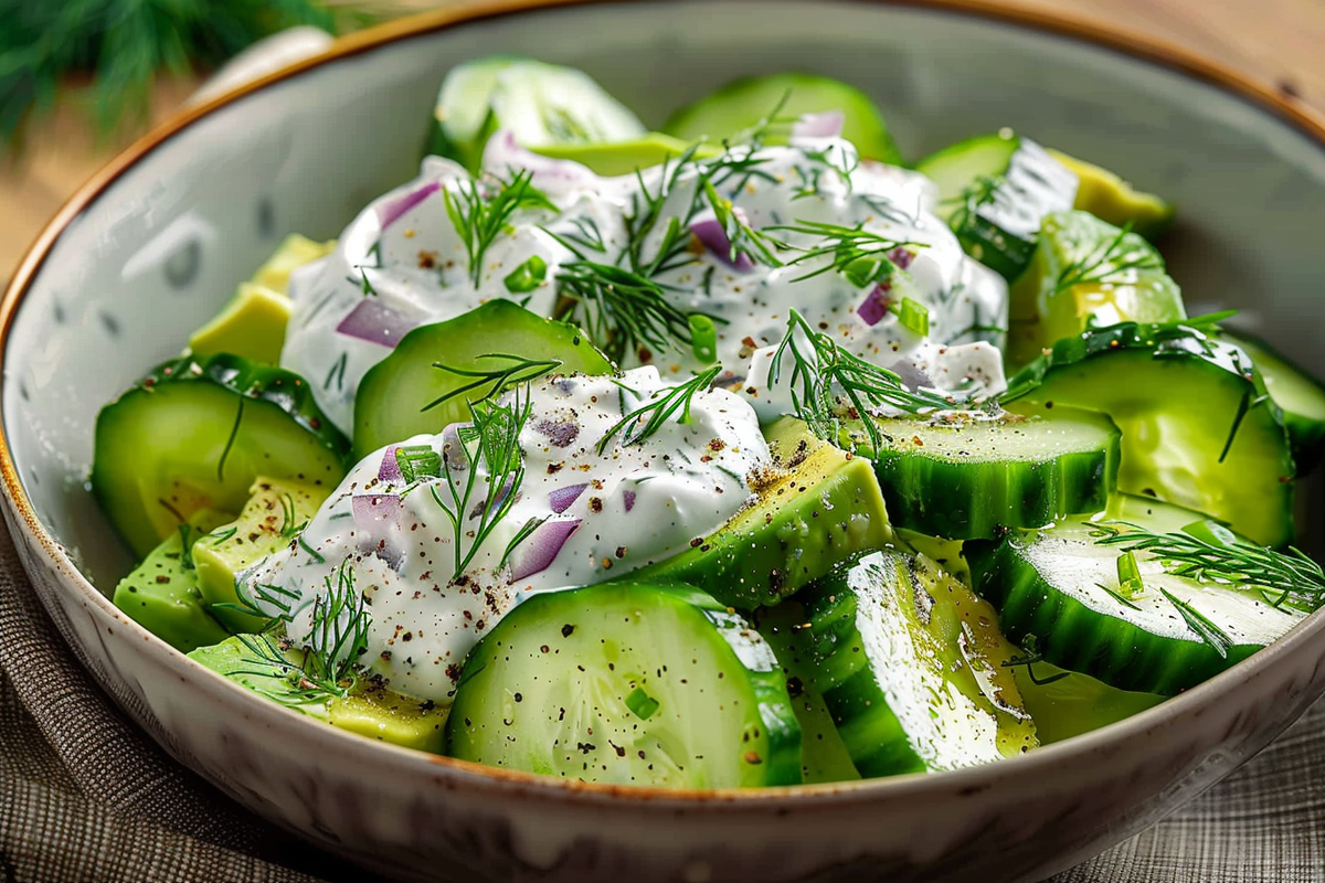 Cucumber Avocado Salad with Dill Yogurt Sauce
