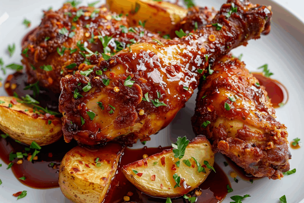 Crispy Fried Chicken Legs with Spicy Sriracha-Maple Glaze & Roasted Potato Wedges