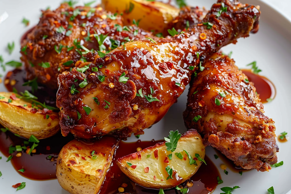 Crispy Fried Chicken Legs with Spicy Sriracha-Maple Glaze & Roasted Potato Wedges