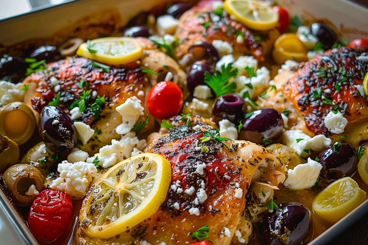 Mediterranean Chicken Bake with Lemon Olives & Feta