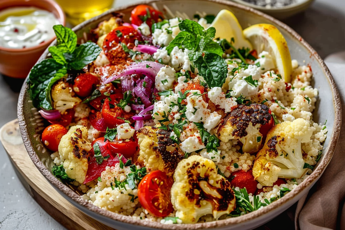 Roasted Cauliflower Couscous Bowl with Feta & Lemon Tahini