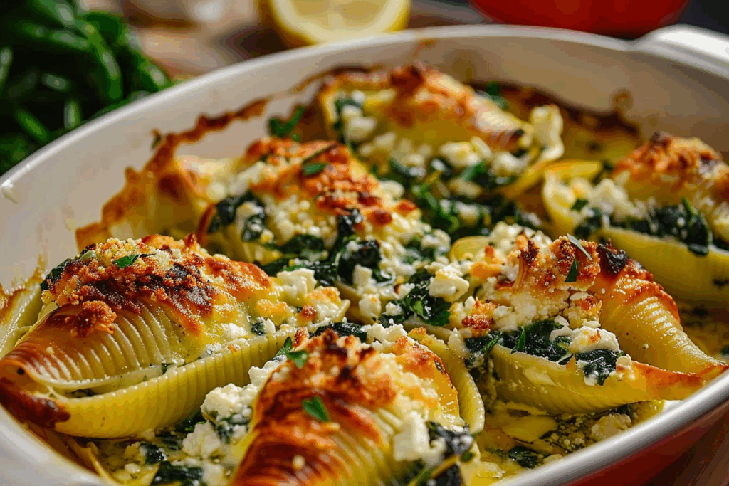 Greek Stuffed Shells with Spinach Feta & Lemon Cream