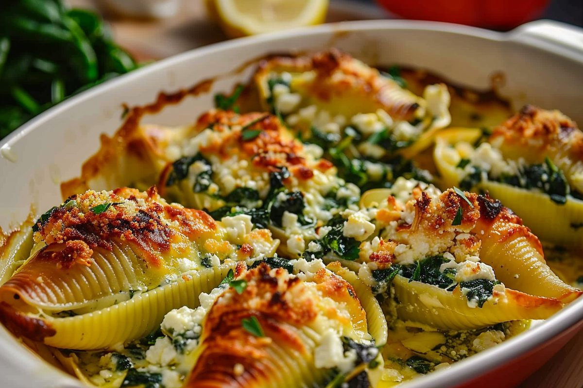 Greek Stuffed Shells with Spinach Feta & Lemon Cream