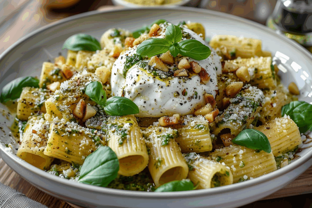 Lemon Pesto Rigatoni with Burrata and Roasted Pine Nuts