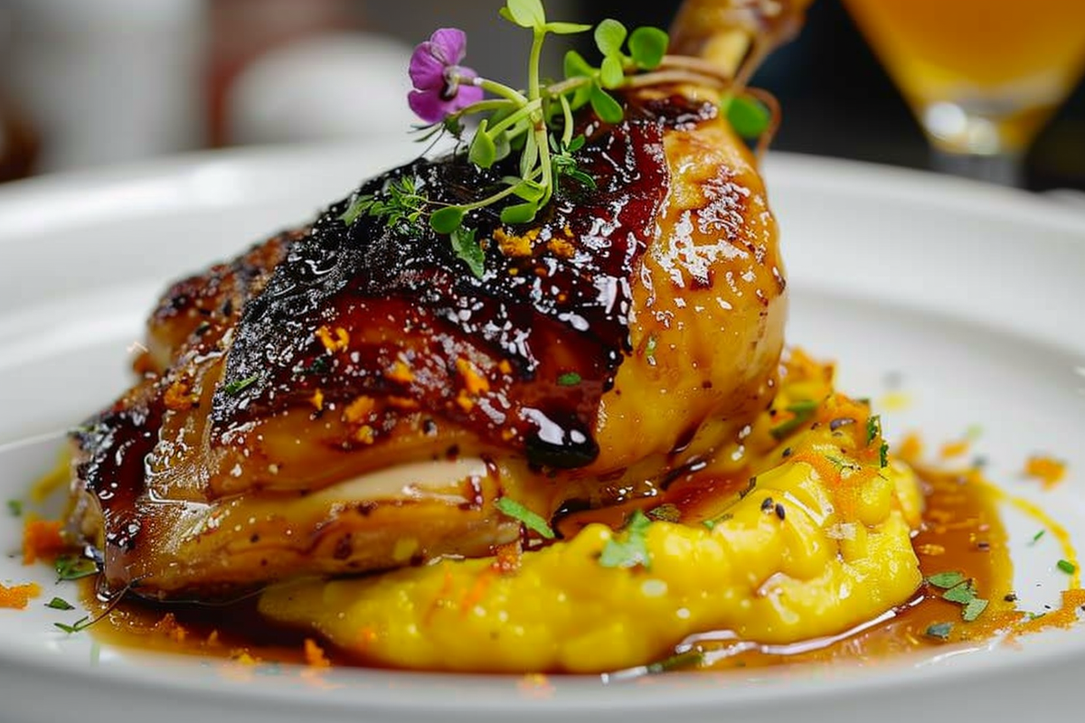 Roasted Chicken Quarter with Orange-Soy Glaze and Corn Purée