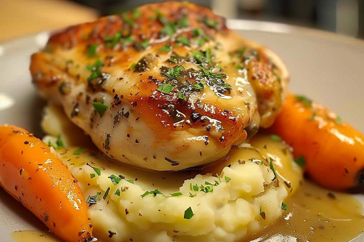 Herb-Cream Chicken with Mashed Potatoes and Glazed Carrots