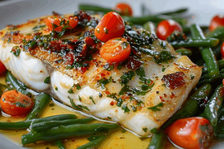 Pan-Fried Haddock with Beurre Blanc alla Puttanesca & Sautéed Green Beans