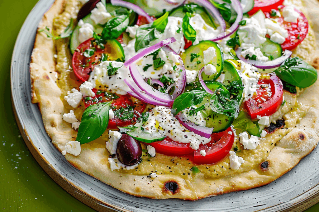 Fresh Greek Salad Flatbreads with Tzatziki Swirl