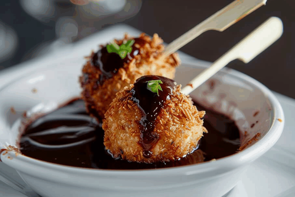 Panko-Breaded Veal Cheek Ball Skewers with Red Wine & Dark Chocolate Jus
