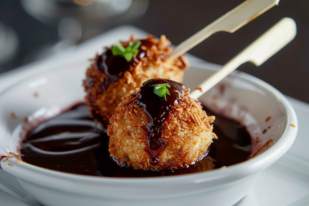 Panko-Breaded Veal Cheek Ball Skewers with Red Wine & Dark Chocolate Jus