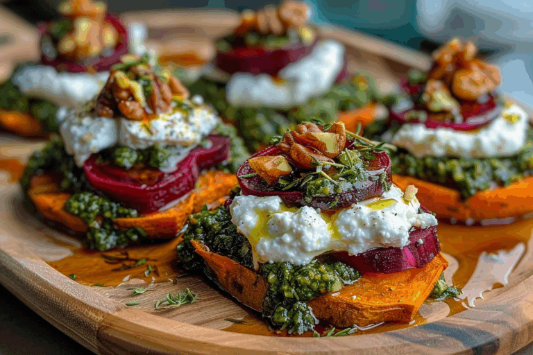 Sweet Potato Rounds with Burrata Roasted Beets and Walnut Sage Pesto