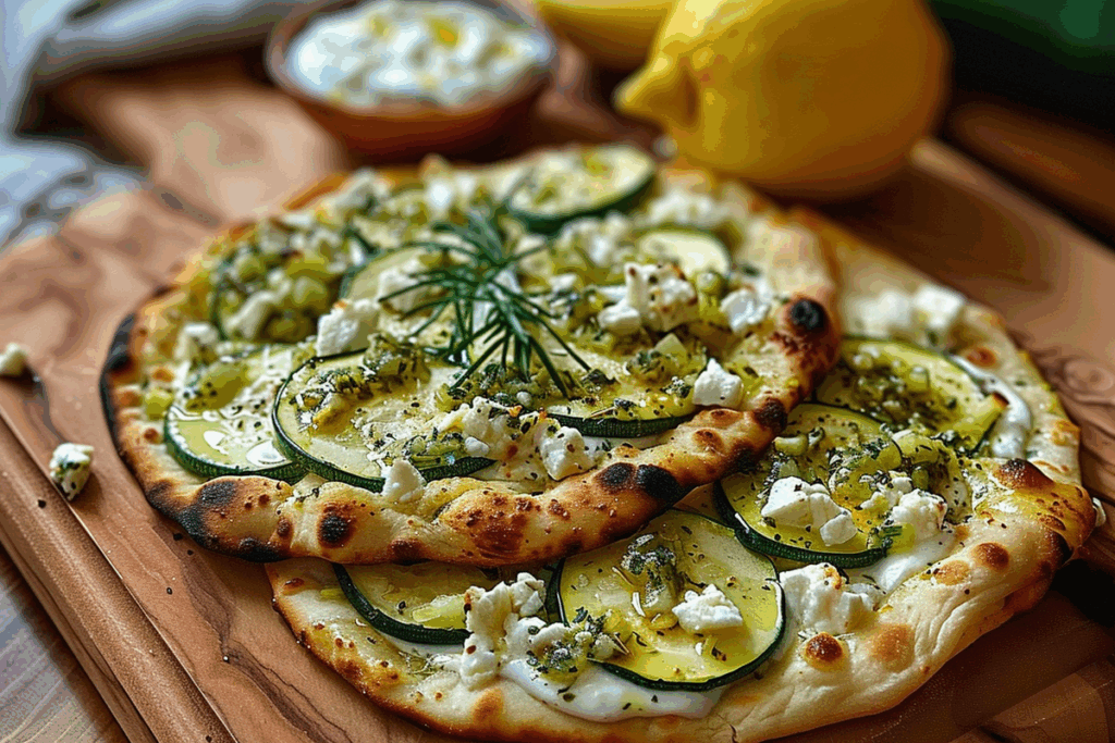 Flatbread with Feta Zucchini and Lemon-Garlic Yogurt